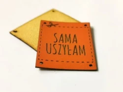 Metka z ekoskóry premium "SAMA USZYŁAM" pomarańczowa